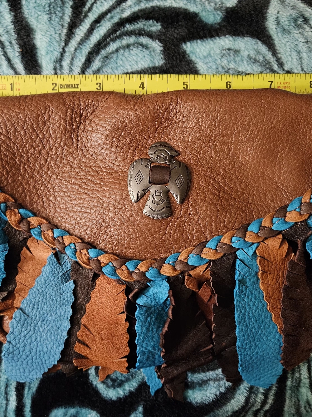 Brown Leather Hip Bag Company Bag with Turquoise Fringe and Braided Trim
